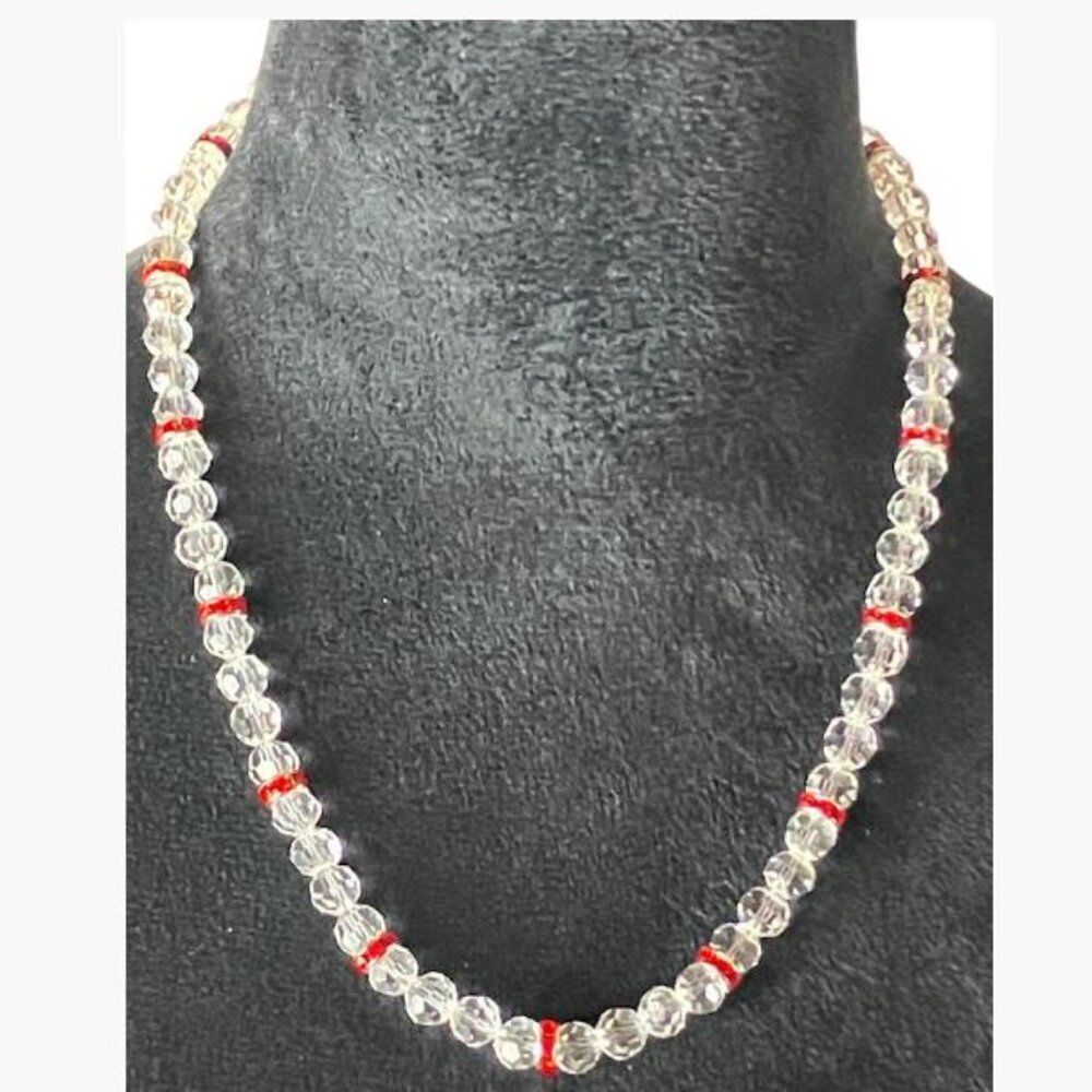 Handcrafted Necklace Clear Glass Beads and Ruby Colored Rhinestone Rondelles 20"